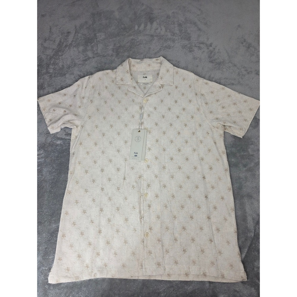 Folk Mens Linen Blend Floral Embroidered Short Sleeve Camp Collar Shirt Beige S